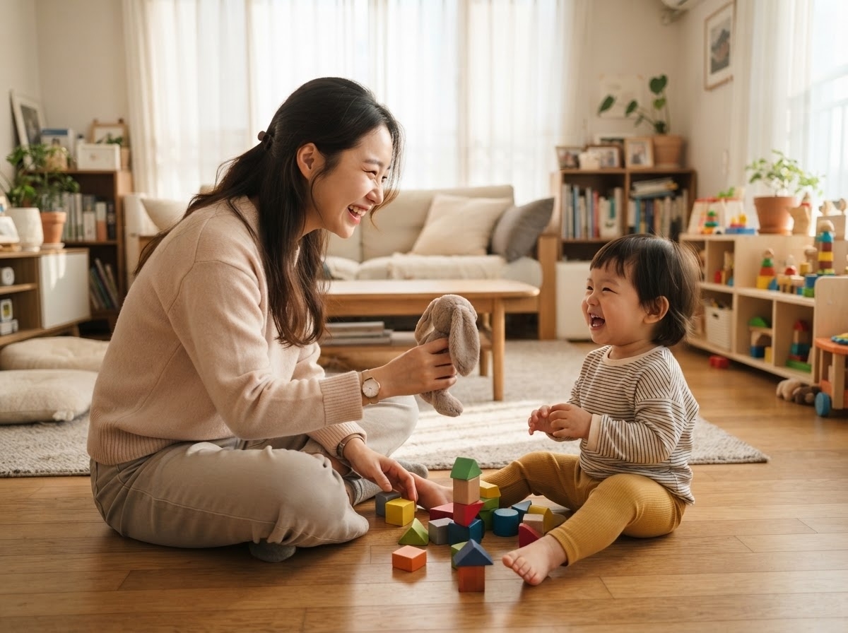 엄마와 아이 곁에서 도움을 주는 모습
